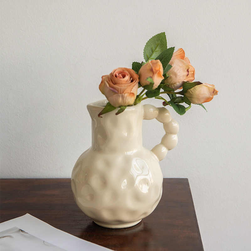 Pearl Handle Ceramic Milk Pot Vase – Glazed Living Room Accent in Evaporated Milk Yellow