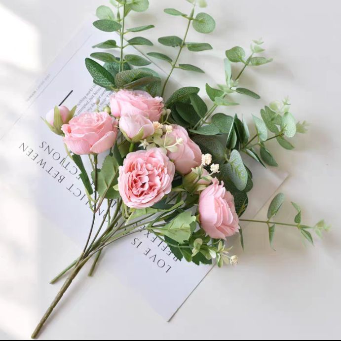 INS Style Peony & Eucalyptus Faux Flower Arrangement – Silk Table Décor