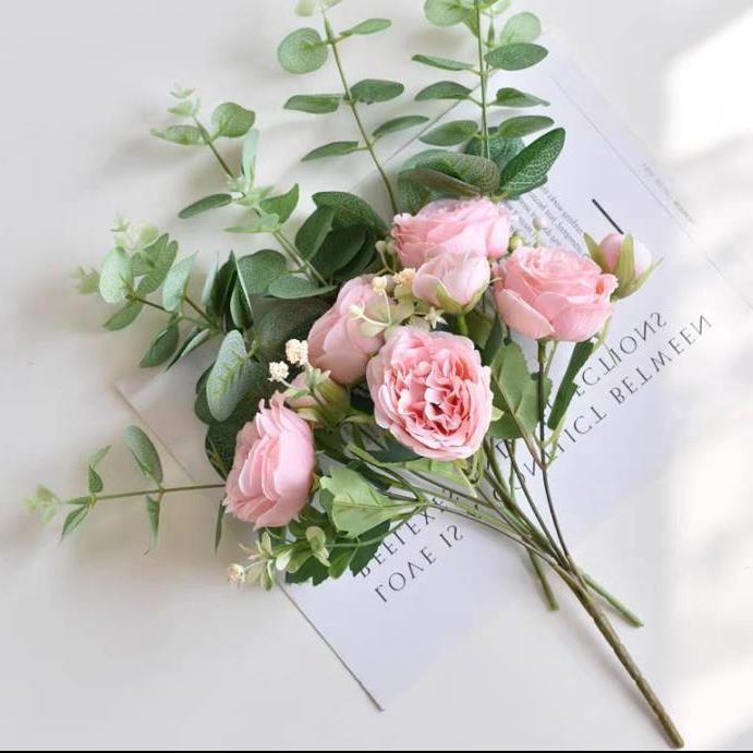 INS Style Peony & Eucalyptus Faux Flower Arrangement – Silk Table Décor