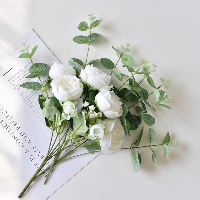 INS Style Peony & Eucalyptus Faux Flower Arrangement – Silk Table Décor
