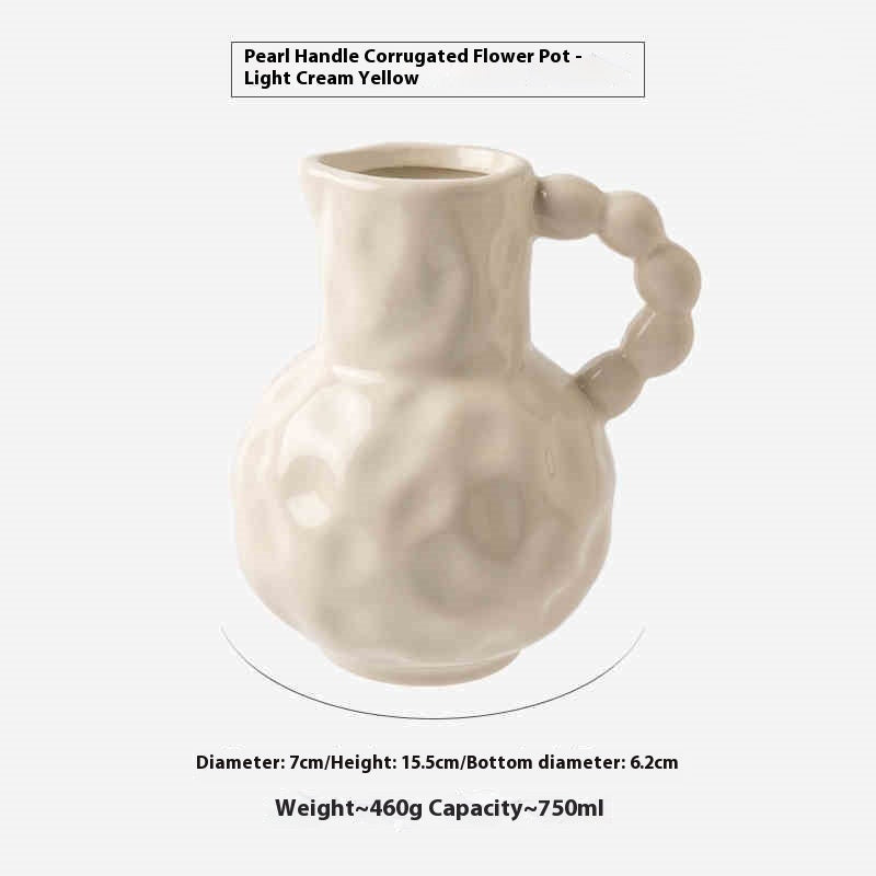 Pearl Handle Ceramic Milk Pot Vase – Glazed Living Room Accent in Evaporated Milk Yellow