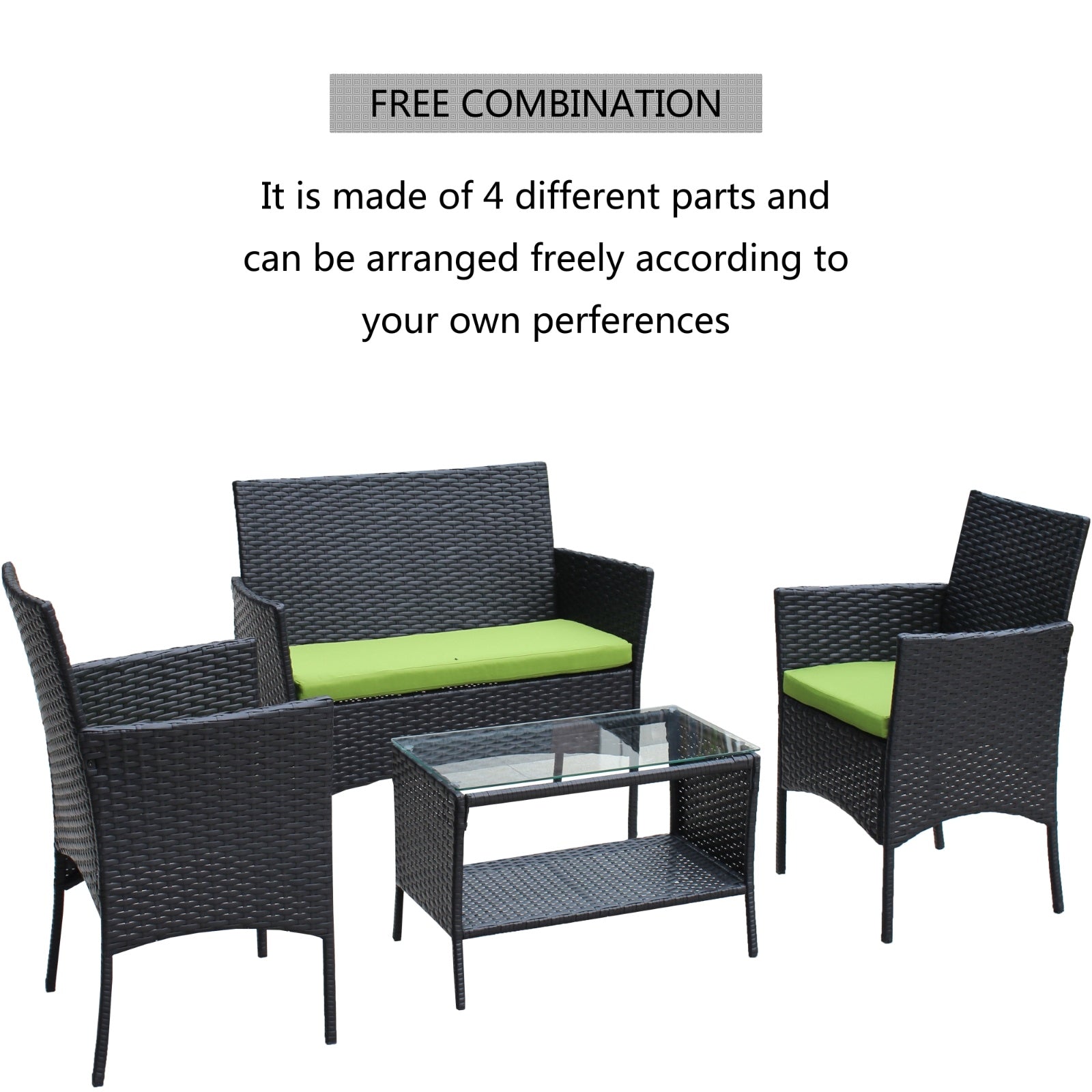 4PC Rattan Patio Furniture Set Outdoor Wicker Sofa W Green Cushions