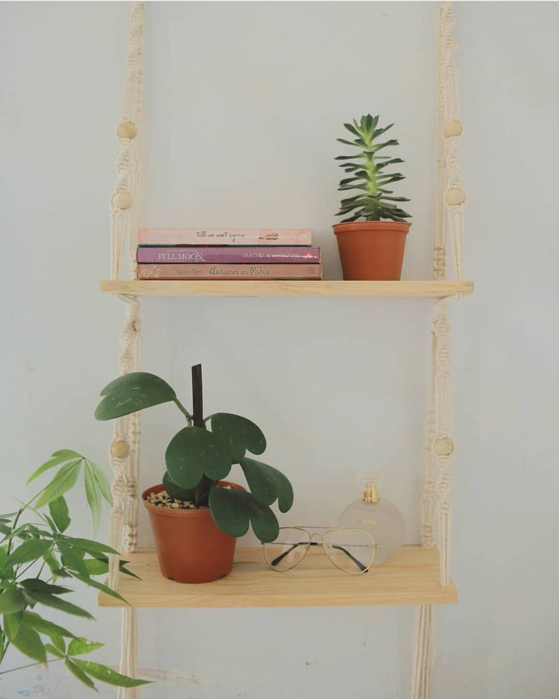 Bohemian Hand-Woven Wall Shelf – Double Tier Hanging Storage for Living Room & Bedroom Décor