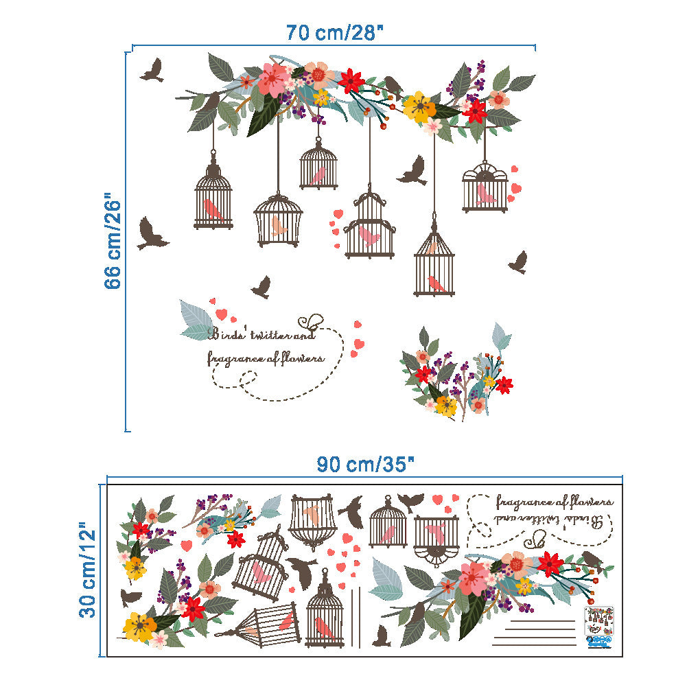 Flower vine bird cage Wall Sticker Living room bedroom Sofa background decorations wallpaper Mural Removable stickers