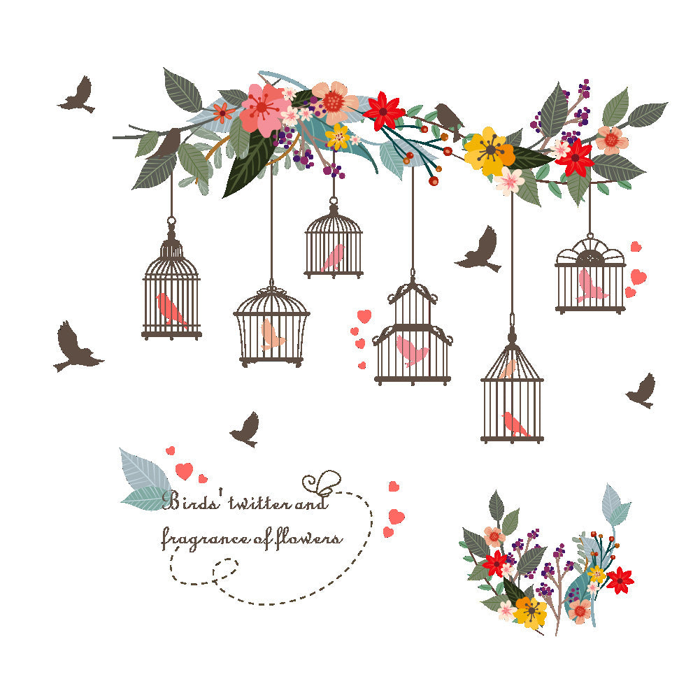 Flower vine bird cage Wall Sticker Living room bedroom Sofa background decorations wallpaper Mural Removable stickers