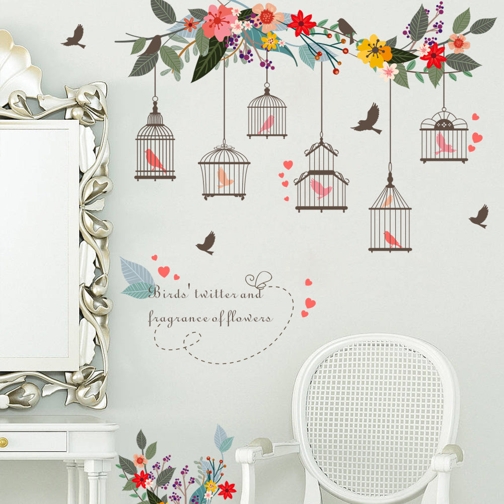 Flower vine bird cage Wall Sticker Living room bedroom Sofa background decorations wallpaper Mural Removable stickers