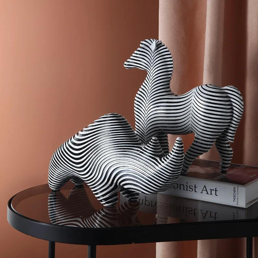 Black & White Striped Resin Animal Figurines – Zebra & Rhinoceros Abstract Living Room Decorations
