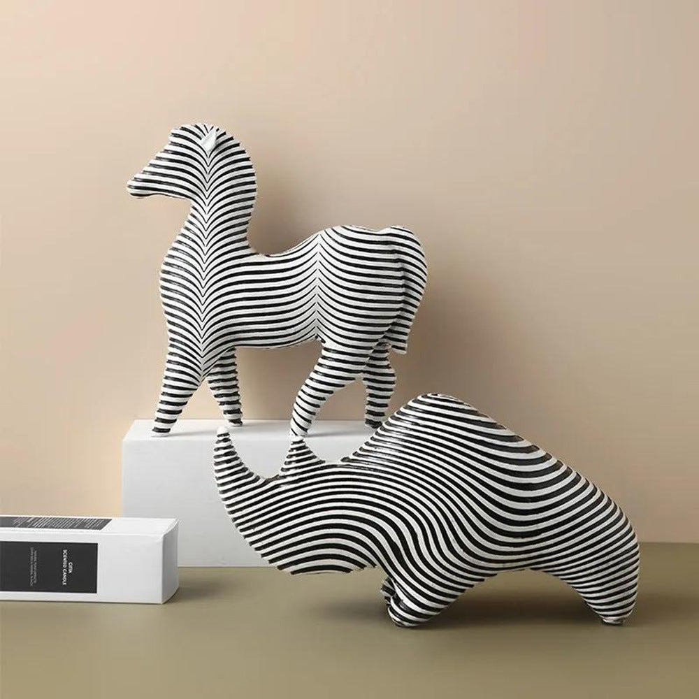 Black & White Striped Resin Animal Figurines – Zebra & Rhinoceros Abstract Living Room Decorations