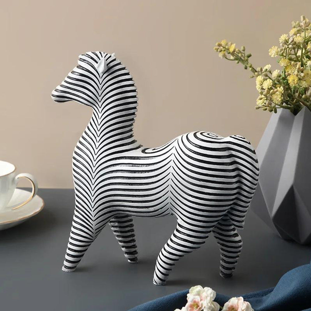 Black & White Striped Resin Animal Figurines – Zebra & Rhinoceros Abstract Living Room Decorations